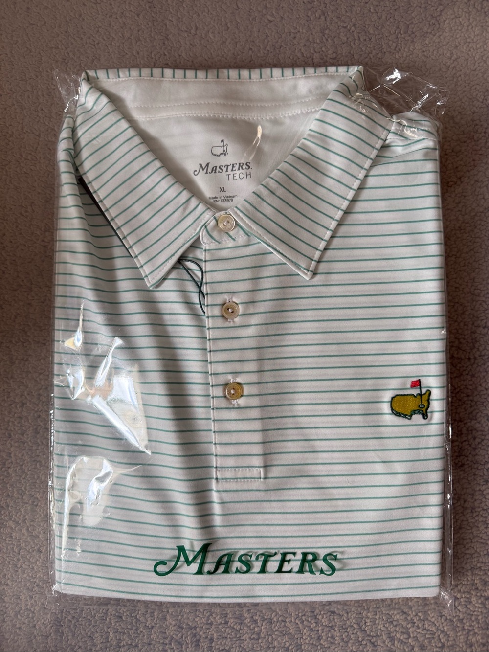2026 Masters White Polo with Thin Green Stripes and Embroidered Logo
